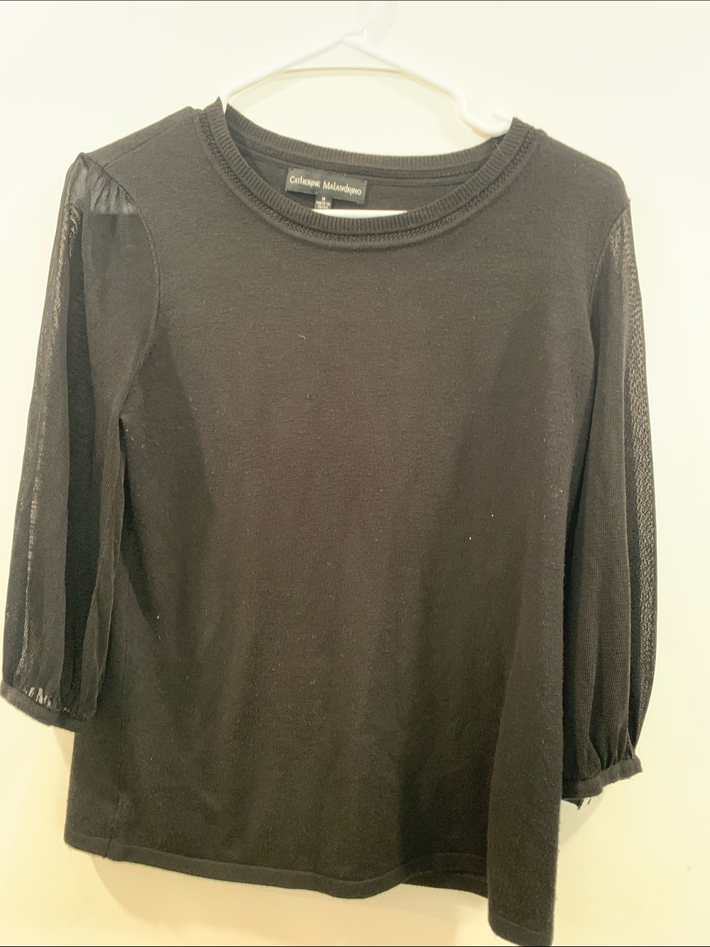 Catherine Malandrino Black Long Sleeve Knit Top with Sheer Sleeves